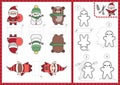 Vector Christmas paper dolls set. Cute finger puppets or chips with Santa Claus, snowman, elf, bear in scarf for kids. Winter