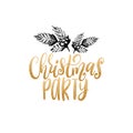 Vector Christmas Party lettering with hand drawn illustration of mistletoe on white background. Happy Holidays card. Royalty Free Stock Photo