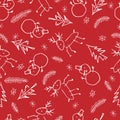 Vector Christmas pattern in the doodle style.Seamless background with snowflakes,snowmen, deer, Christmas trees.Can be Royalty Free Stock Photo