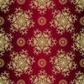 Vector Christmas pattern with golden snowflakes, dark red background