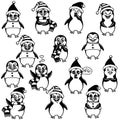 Vector christmas penguin black one color outline