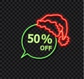 Vector Christmas 50 Percents Off Sale Sign, Green Neon Talk Bubble ang Red Line Art Santa Hat on It, Icon, Isolated. Royalty Free Stock Photo