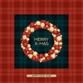 Vector christmas postcard with greeting words, tartan pattern and wreath. design for christmas, cards, presents, covers, p