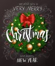 Vector christmas poster with christmas decoration spruce wreath with christmas ornaments, bows, and lettering greetings