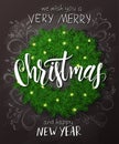 Vector christmas poster with christmas decoration spruce wreath with shiny bulbs and lettering greetings text