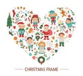 Vector Christmas round frame with children, Santa Claus, Angel on dark blue background. Holiday themed banner or invitation Royalty Free Stock Photo