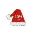 Vector Christmas Sale Label, Discount Tag, 10 Percents Off, Santa`s Red Holiday Hat, Colorful Decorative Element.