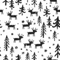 Vector Christmas seamless pattern with cartoon deer, trees, and snowflakes. White, and black palette. Scandinavian