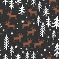 Vector Christmas seamless pattern with cute cartoon deer, trees, and snowflakes. White, brown, and black palette