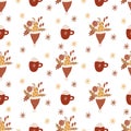 Vector Christmas seamless pattern with cute cups of coffee, Santa`s hats with sweets and snowflakes