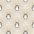 Vector Christmas seamless pattern of cute hand drawn grey brown Penguin with horns and christmas tree with white hand Royalty Free Stock Photo
