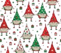 Vector Christmas seamless pattern of funny gnomes cartoons, isolated on white