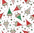 Vector Christmas seamless pattern of funny gnomes cartoons, isolated on white