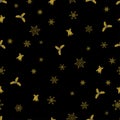 Vector Christmas seamless pattern from golden snowflakes, bells and berry on black background. Royalty Free Stock Photo