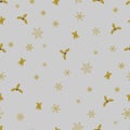 Vector Christmas seamless pattern from golden snowflakes, bells and berry on grey background. Royalty Free Stock Photo