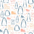 Vector Christmas seamless pattern with hand drawn figure skates, stars, snowflakes and penguin characters sketch elements. Royalty Free Stock Photo