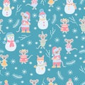 Vector Christmas seamless pattern with hand-drawn mice and snowmen Royalty Free Stock Photo