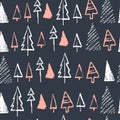 Vector Christmas seamless pattern with hand drawn xmas fir trees different shapes and snowflakes sketch elements isolated on black Royalty Free Stock Photo