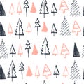 Vector Christmas seamless pattern with hand drawn xmas fir trees different shapes and snowflakes sketch elements isolated on white Royalty Free Stock Photo