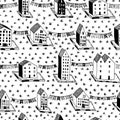 Vector christmas seamless pattern with houses and ornaments. Can be printed and used as wrapping paper, wallpaper Royalty Free Stock Photo