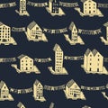 Vector christmas seamless pattern with houses and ornaments. Can be printed and used as wrapping paper, wallpaper Royalty Free Stock Photo