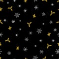 Vector Christmas seamless pattern from white snowflakes, golden bells and berry on black background. Royalty Free Stock Photo