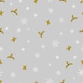 Vector Christmas seamless pattern from white snowflakes, golden bells and berry on grey background. Royalty Free Stock Photo