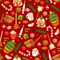 Vector Christmas seamless pattern with xmas tree branches, candles, gingerbreads, cinnamon, berries, cakes, sweets, lollypops, hot