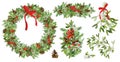 Vector christmas seamless wreath with mistletoe, spruce cone, spruce branches, poinsettia