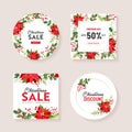 Vector Christmas Season Offer, Winter Holiday Sale card, Xmas special promotion. Poinsettia Flower, Holly Berry