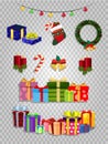 Vector Christmas set of cute cartoon festive attributes on transparent background