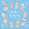 Christmas set of festive animals in Scandinavian style with the text HELLO WINTER on a blue background Royalty Free Stock Photo