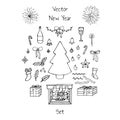 Vector Christmas set with holiday elements: bows, bells, balls, fir tree, stars, mistletoe, fireworks, champagne and fireplace