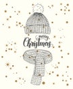 Vector Christmas Set of winter symbols. Hand drawn knitting hat and scarf and in sketch style. Lettering calligraphy phrase Hand