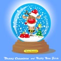 Vector Christmas Snow Globe: deer in santa hat and beard with big bag gifts on blue gradient background Royalty Free Stock Photo