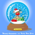 Vector Christmas Snow Globe: deer in santa hat with big bag gifts on blue gradient background Royalty Free Stock Photo