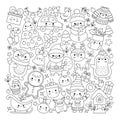 Vector Christmas square line coloring page for kids with cute kawaii characters. Black and white winter or New Year holiday