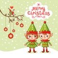 Vector Christmas theme card with cute elves. Santaclaus helpers