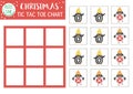 Vector Christmas tic tac toe chart with cute penguin and bullfinch. Winter board game playing field with traditional characters.