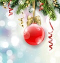 Vector Christmas tree branch with red ball on blurred background