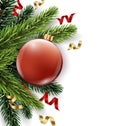 Vector Christmas tree branch with red ball isolated on white. The view from the top. Christmas and new year background Royalty Free Stock Photo