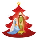 Vector Christmas tree nativity scene with Joseph and baby Jesus in Mary`s arms on red background Royalty Free Stock Photo