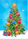 Vector Christmas tree . Star, decoration balls and light bulb chain decorated christmas tree with lots of gift boxes