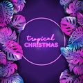 Vector Christmas tropic neon banner, winter beach holidays, monstera palm leaves design, xmas tropical background