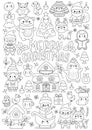 Vector Christmas vertical line coloring page for kids with cute kawaii characters. Black and white winter holiday illustration