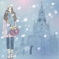 Vector Christmas winter cityscape with fashion gir