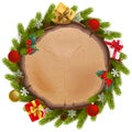 Vector Christmas Wooden Board with Fir Branches Royalty Free Stock Photo