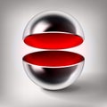 Vector chrome hollow sphere, open glossy metal ball, red inside, abstract object for you project design Royalty Free Stock Photo