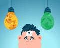 Vector of chubby man with question mark on forehead thinking looking up at junk food and green vegetables light bulbs