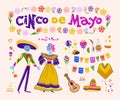 Vector cinco de mayo set of mexico traditional elements, symbols & skeleton characters in flat hand drawn style isolated on white Royalty Free Stock Photo